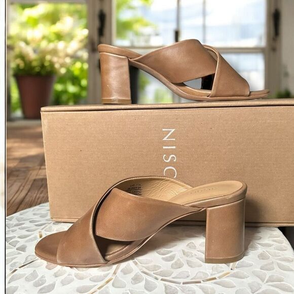 NISOLO Carina Leather Cross Strap Heeled Slip On Sandal Mule Womens 7.5 - Picture 9 of 16